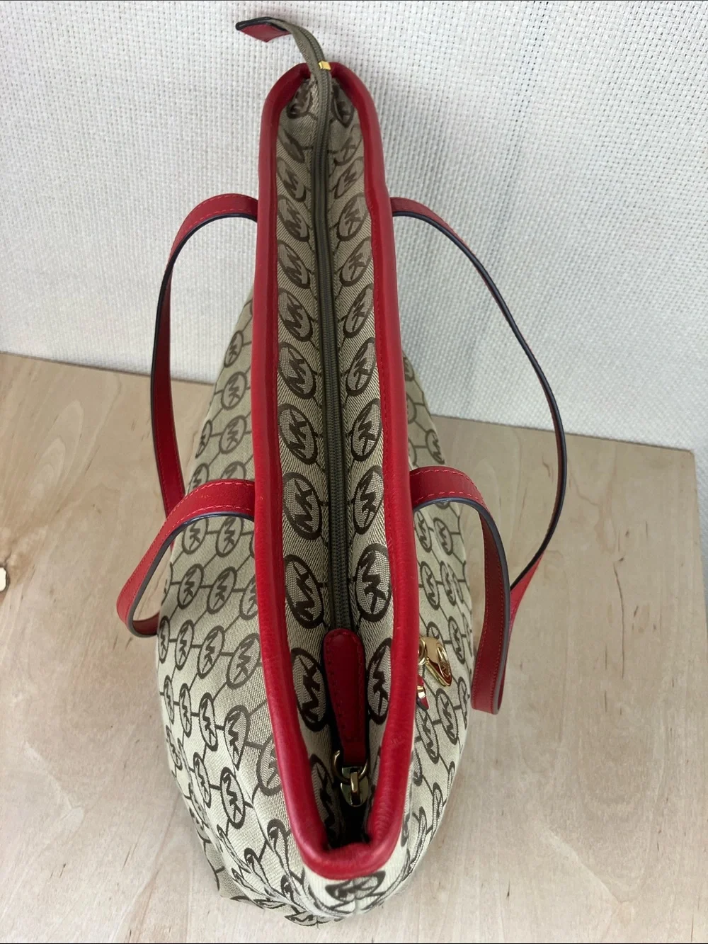 Michael Kors Montauk Large Tote Bag Beige Monogram Red Leather Trim